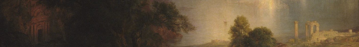 A dim classical landscape: ruins and dark trees on the left, light breaking over a distant colonnade on the right.